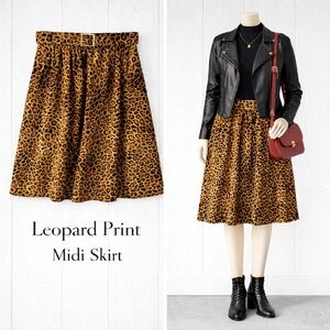 🖤 Jones New York Leopard Print A-Line Midi Skirt Size 10P | Belted Animal Print
